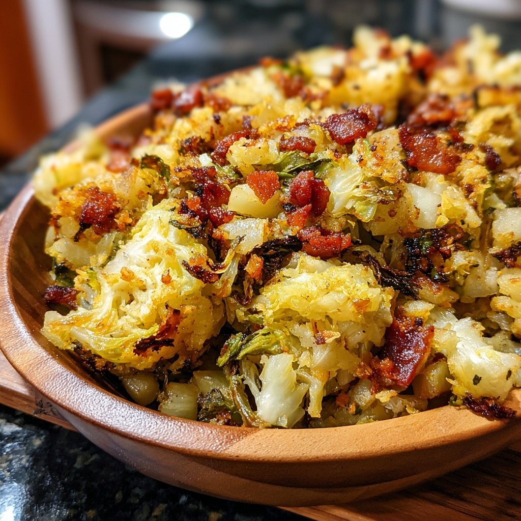 Gebratener Rosenkohl mit Speck, Zwiebeln und Kartoffelwürfeln