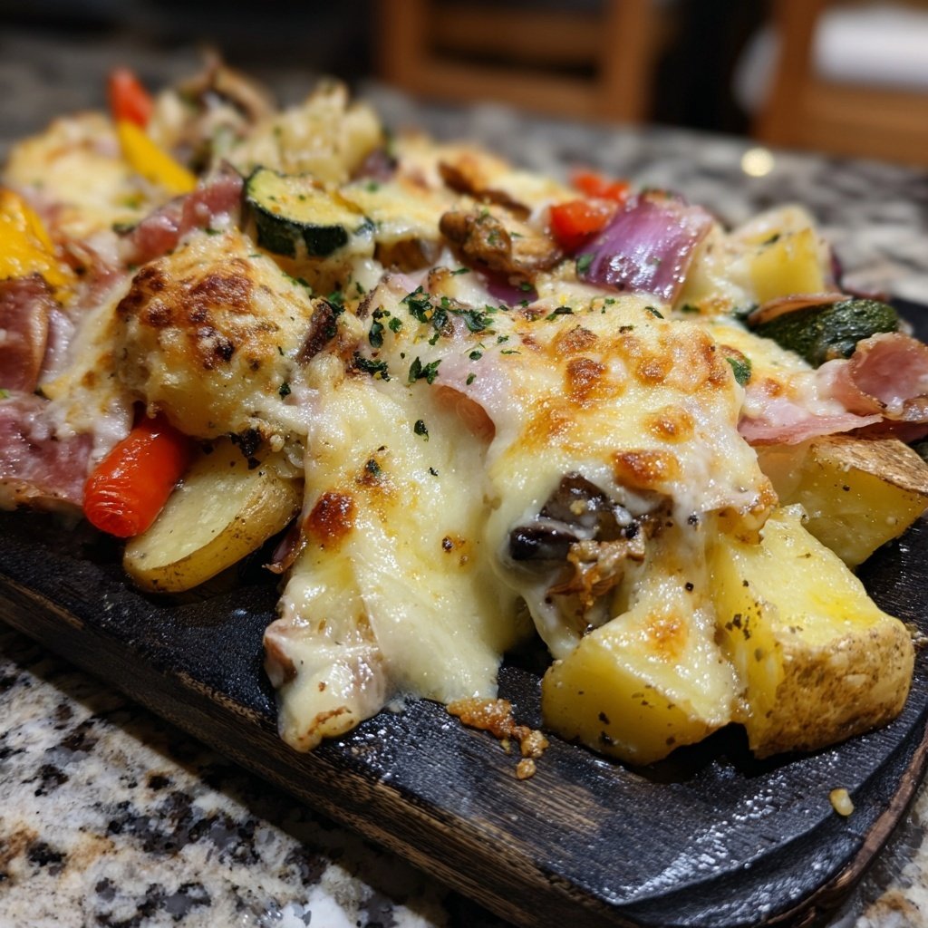 Raclette-Weihnachtsplatte mit Kartoffeln, Gemüse und Fleisch​